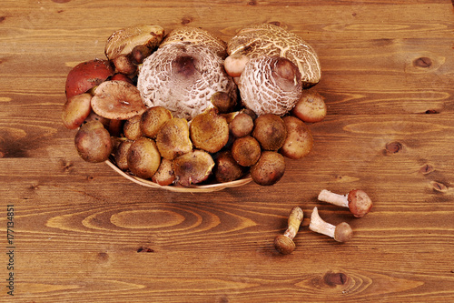 forest mushrooms in a wicker plate on a wooden background