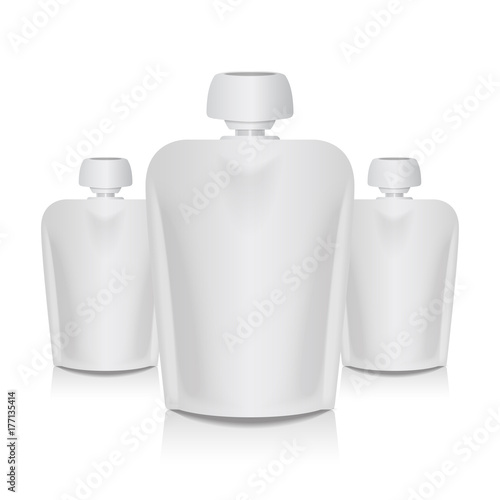 Set of Blank Flexible Pouch With Big Top Cap For Baby Puree. Food Or Drink White Bag Packaging Template