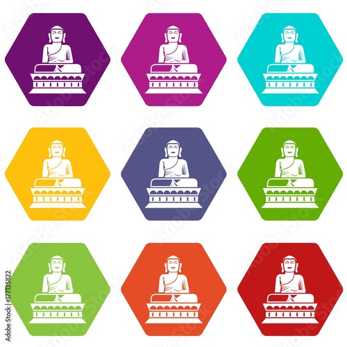 Buddha statue icon set color hexahedron