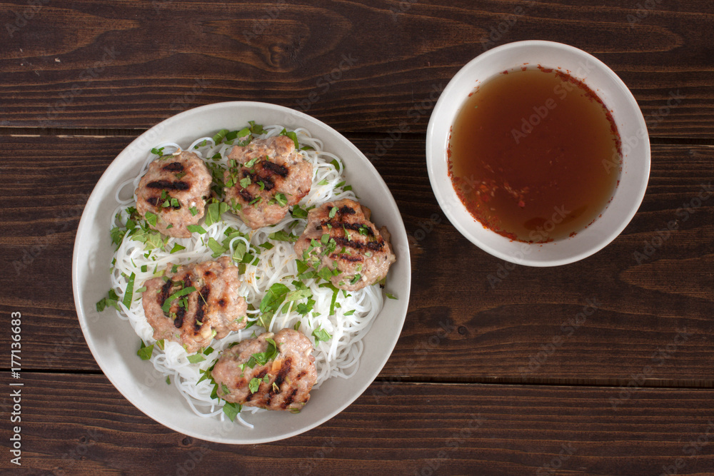 thai patties with lemongrass, rice noodles, hot sauce thai patties with lemongrass, rice noodles, hot sauce