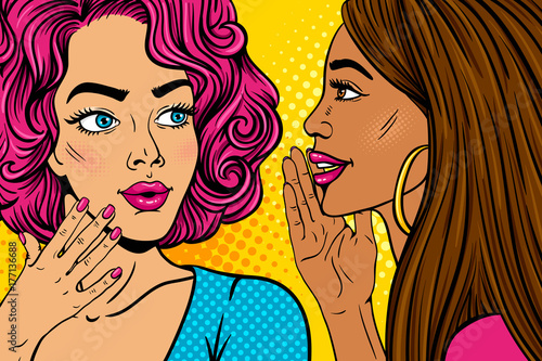 Pop art girls secret conversation. Two sexy surprised young women with long brown hair and dark skin and pink curly hair with smile sharing a secret . Vector background in pop art retro comic style. 
