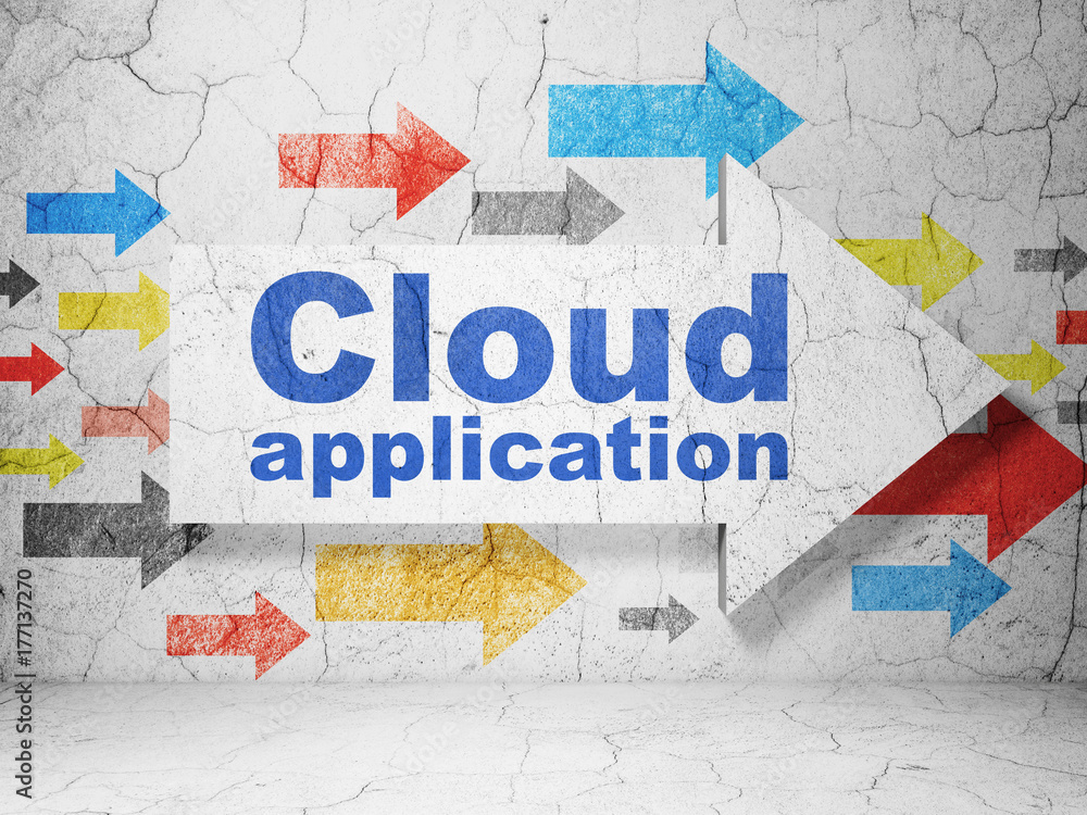 Obraz premium Cloud computing concept: arrow with Cloud Application on grunge wall background