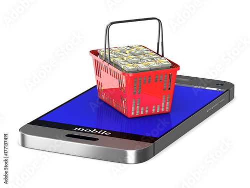 phone and red shopping bask...