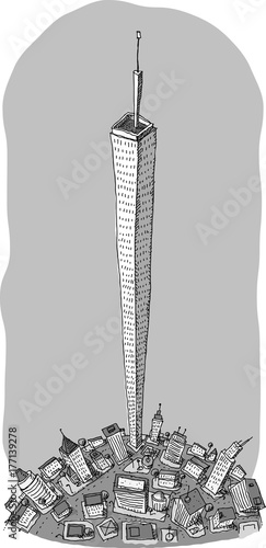 A cartoon of the tallest office skyscraper in a busy city.