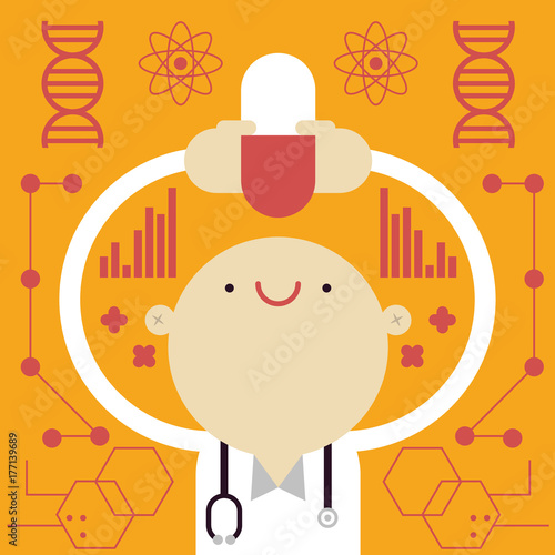 Doctor Holding a Pill as Health Icons Surround him