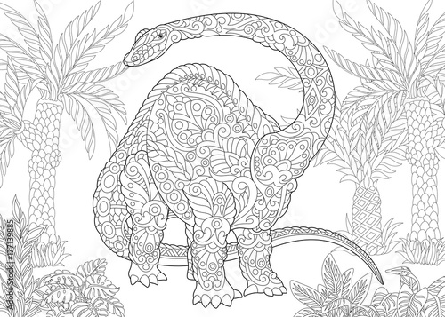 Fototapeta Naklejka Na Ścianę i Meble -  Coloring page of brontosaurus dinosaur (brachiosaurus diplodocus) of the late Jurassic period. Freehand sketch drawing for adult antistress coloring book in zentangle style.