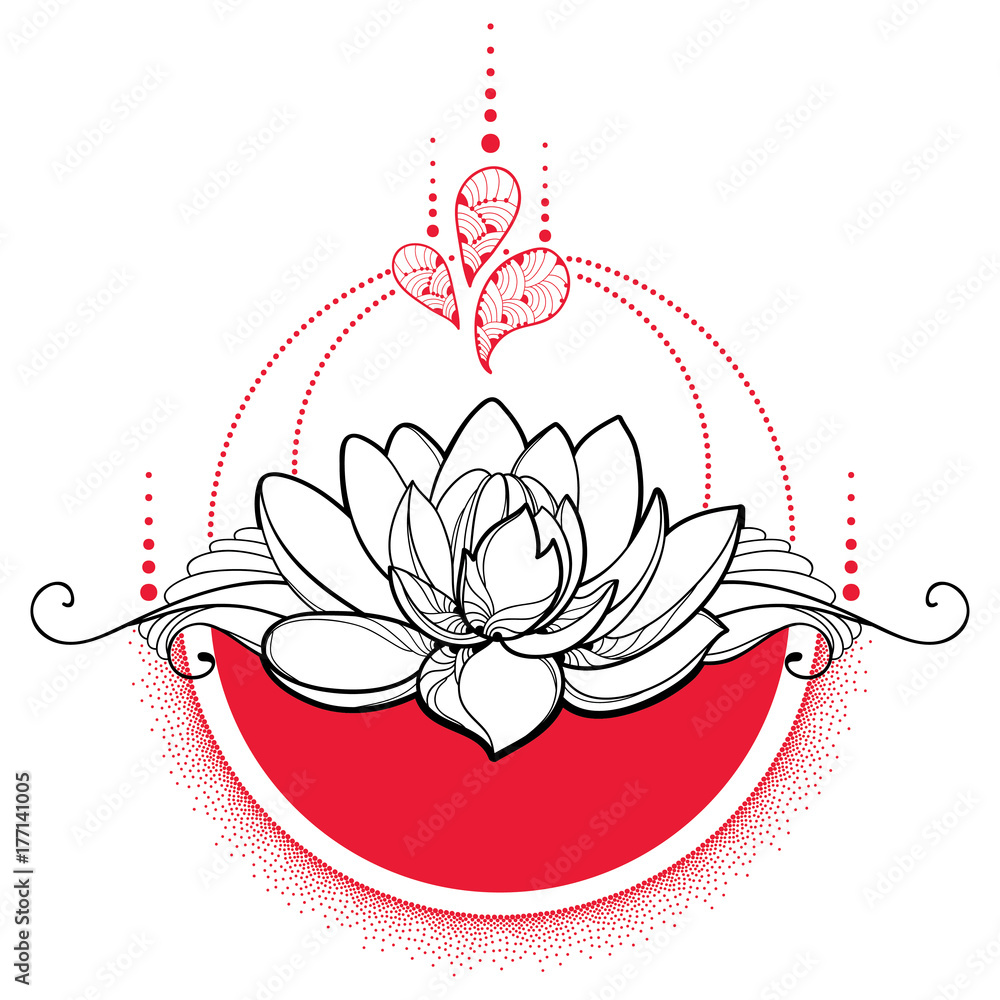 Vector drawing with outline black Lotus flower, red dots and swirls