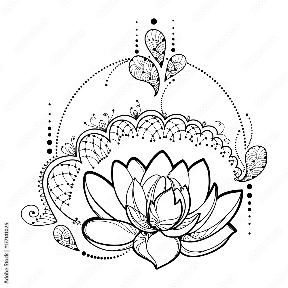 Vector drawing with outline Lotus flower, decorative lace and swirls in  black isolated on white background. Floral round composition with ornate  lotus in contour style for tattoo design. Stock Vector | Adobe