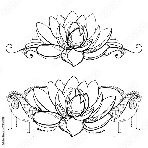 Vector drawing with outline Lotus flower, decorative lace and swirls in black isolated on white background. Floral horizontal composition with ornate lotus in contour style for tattoo design. 
