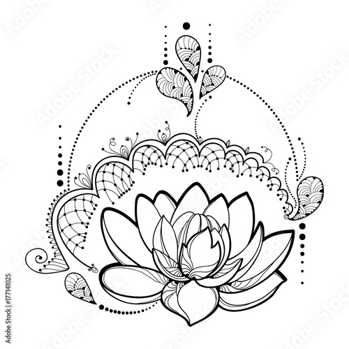 Vector drawing with outline Lotus flower, decorative lace and swirls in black isolated on white background. Floral round composition with ornate lotus in contour style for tattoo design. 