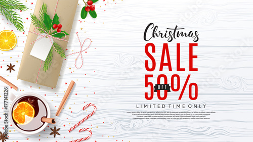 Web Banner with Festive Composition for Christmas Sale. Top View on Xmas Decoration with Paper Gift Boxes for Happy New Year. Vector Illustration with Discount Offer. Greeting Card with Lettering.