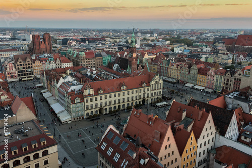Wroclaw skyline with beautiful colorful historical houses of the Old Town, aerial view from the viewing terrace of the Saint Elizabeth Church