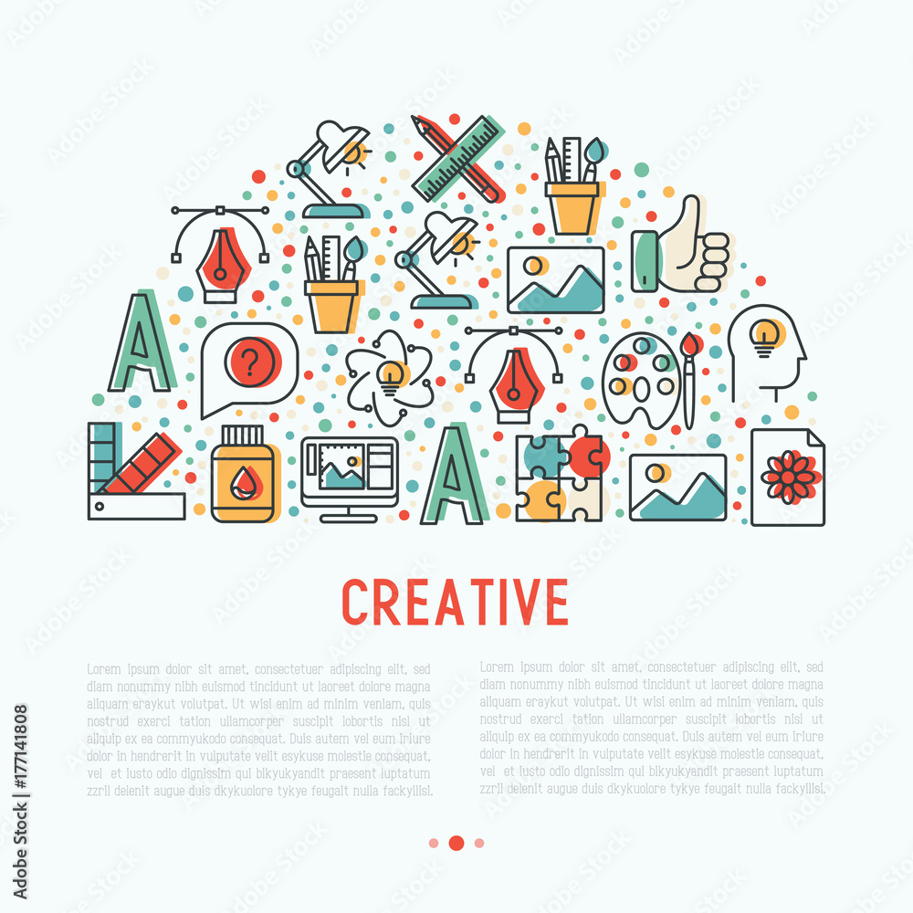 Creative concept in half circle with thin line icons of idea, puzzle, color palette, brushes, creative vision, development design. Vector illustration of banner, web page, print media. Creative concept in half circle with thin line icons of idea, puzzle, color palette, brushes, creative vision, development design. Vector illustration of banner, web page, print media.