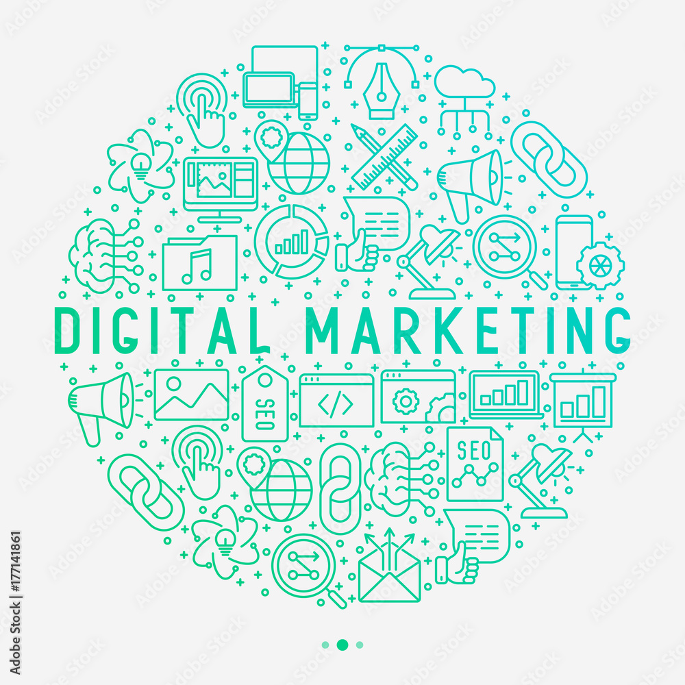 Digital marketing concept in circle with thin line icons: searching idea, development, optimization, management, communication. Vector illustration for banner, web page, print media.