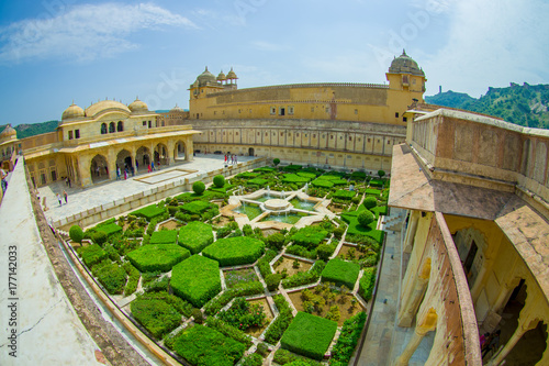Beautiful aerial view of the garden of amber fort in Jaipur, India, Fish eye effect