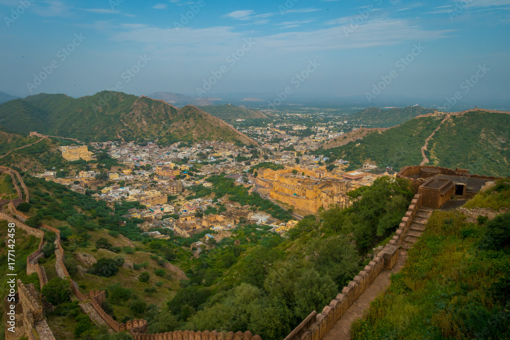 Indian travel famous tourist landmark, beautiful view of the city of Amber Fort located in Rajasthan, India