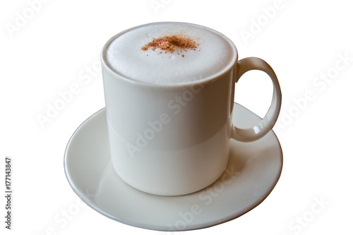 Cappuccino coffee in white cup isolated on white with clipping paths