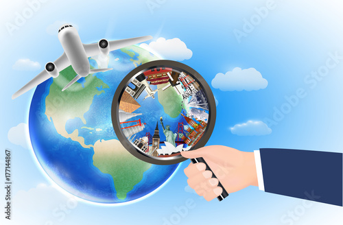 world landmark in magnifying glass with airplane