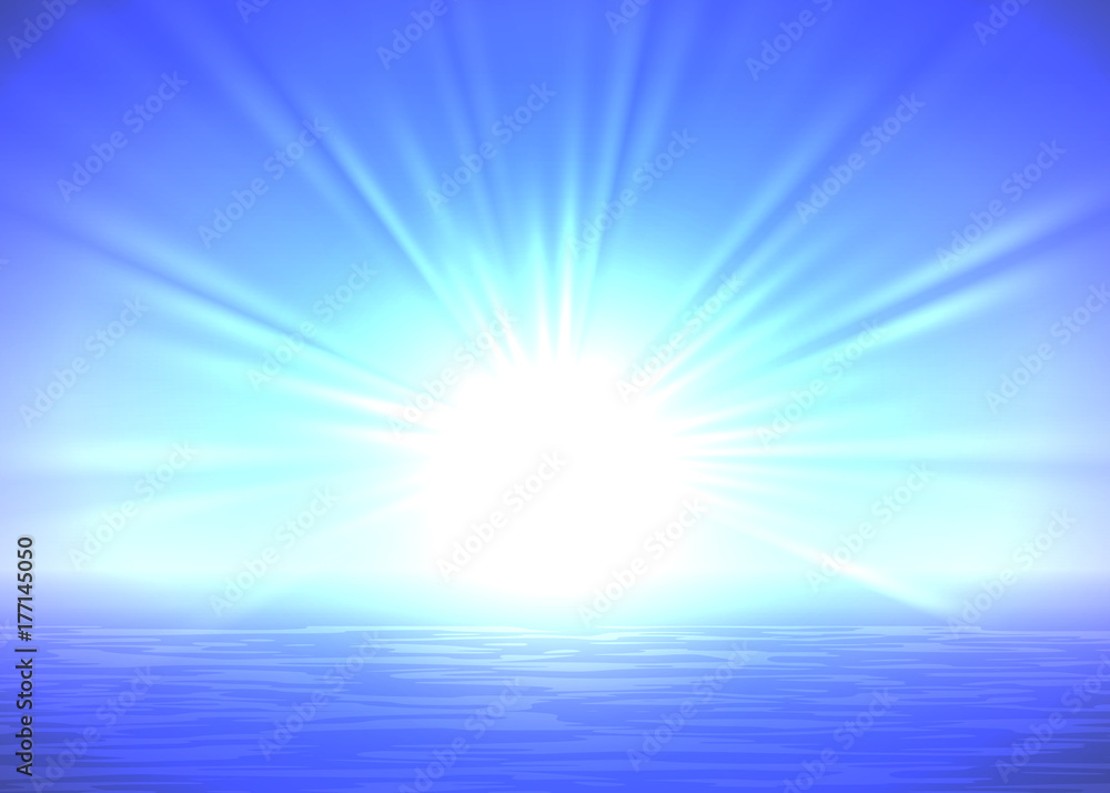Abstract blue sunrise background, with light rays, vector illustration