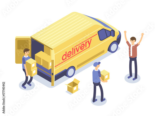 Fast delivery concept. Van, man and cardboard boxes. Product goods shipping transport. Isometric 3d illustration.