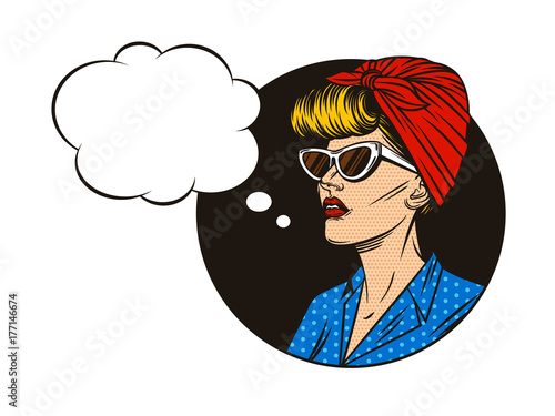 Vector pin-up girl with speech bubble. Portrait of young woman in comic pop art style