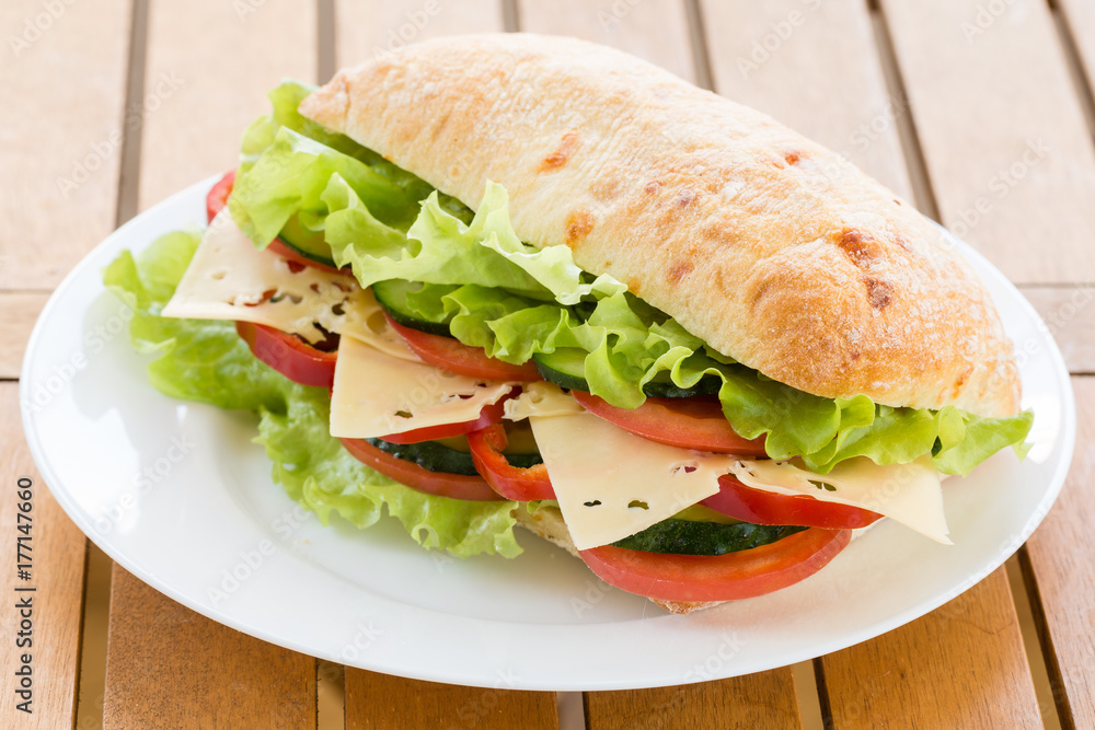 Ciabatta Sandwich with cheese on white plate
Ciabatta Sandwich with cheese on white plate