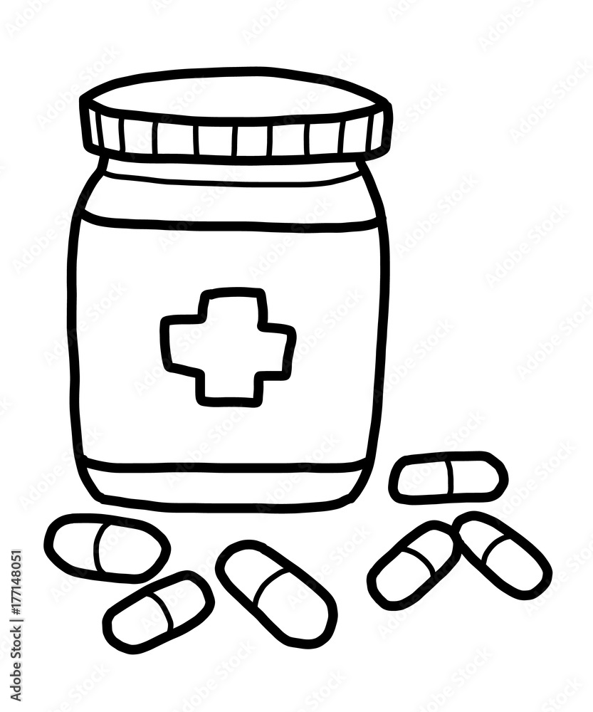 drug capsule bottle / cartoon vector and illustration, black and white