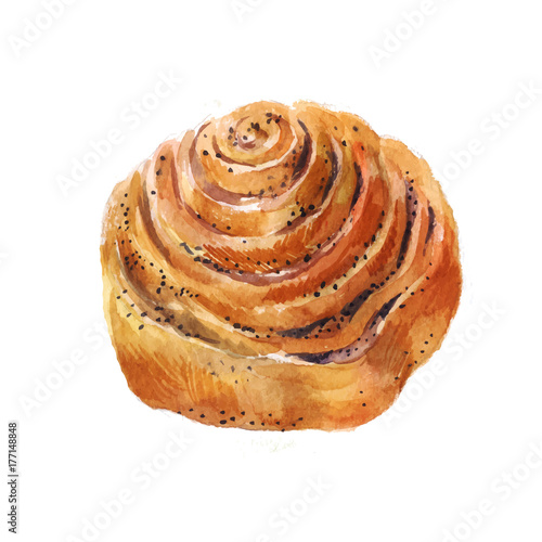 Bun with poppy seeds. Watercolor illustration on a white background