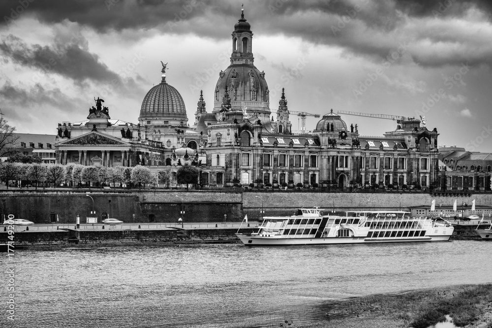 View on Dresden from the north shore of the Elbe on a stormy day in October. You can see the long Terrace, Albertinum, University of fine arts and a steam ship