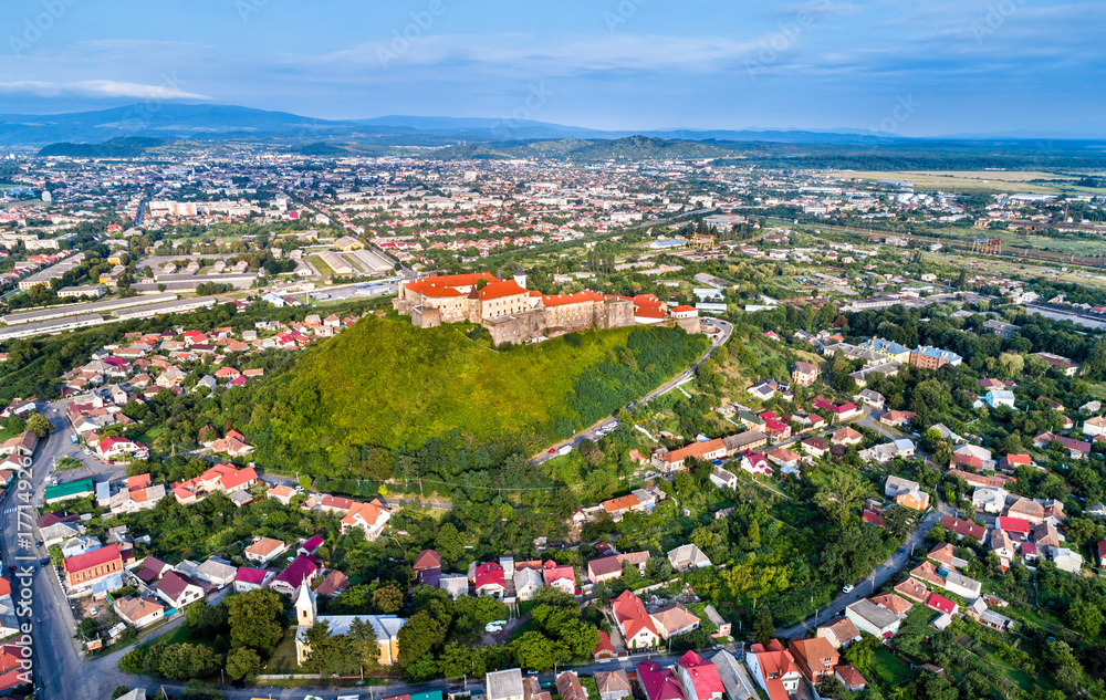 Aerial view of Mukachevo with the Palanok Castle in Ukraine