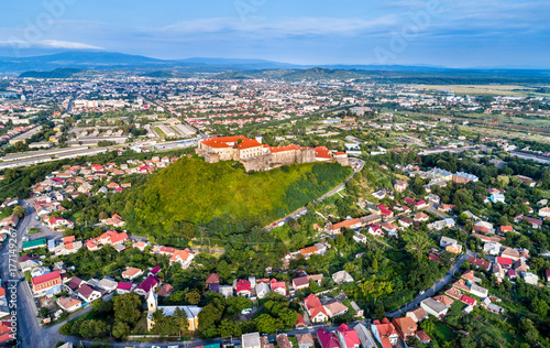 Aerial view of Mukachevo with the Palanok Castle in Ukraine