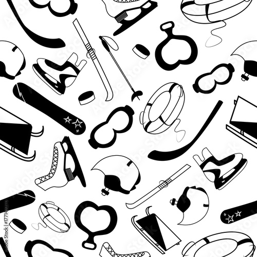 Seamless pattern with black and white tools of winter sports and games