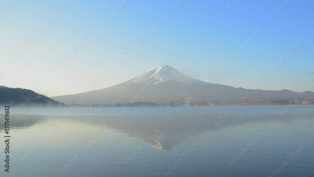 Timelapse mount fuji reflect on water in the morning at kawaguchiko lake japan Timelapse mount fuji reflect on water in the morning at kawaguchiko lake japan