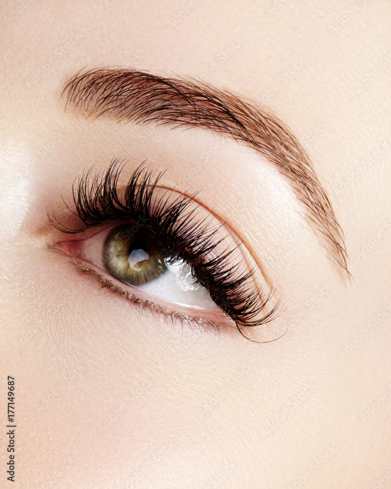 Naklejka premium Beautiful female eye with extreme long eyelashes, black liner makeup. Perfect make-up, long lashes. Closeup fashion eyes