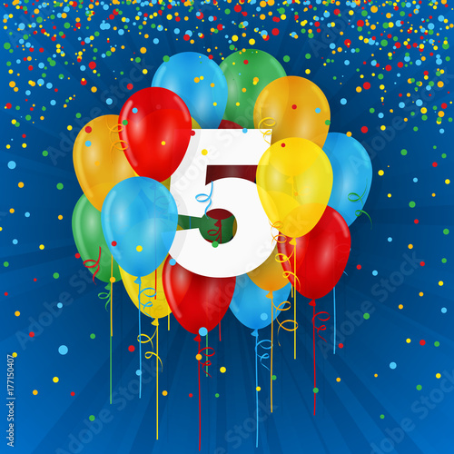 HAPPY 5th BIRTHDAY/ANNIVERSARY card with balloons and streamers