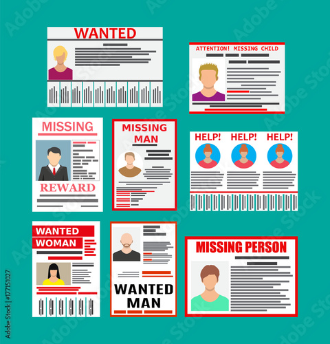 Wanted person paper poster. Missing announce