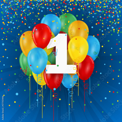 HAPPY 1st BIRTHDAY/ANNIVERSARY card with balloons and streamers