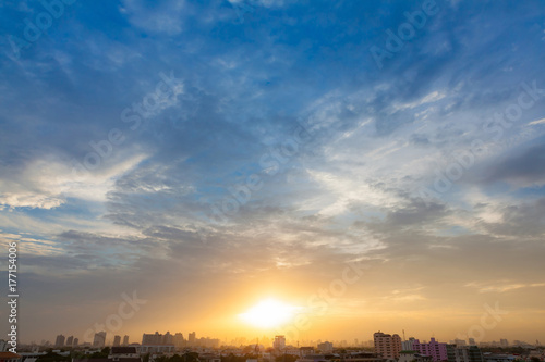 Aerial view of dramatic sunset.