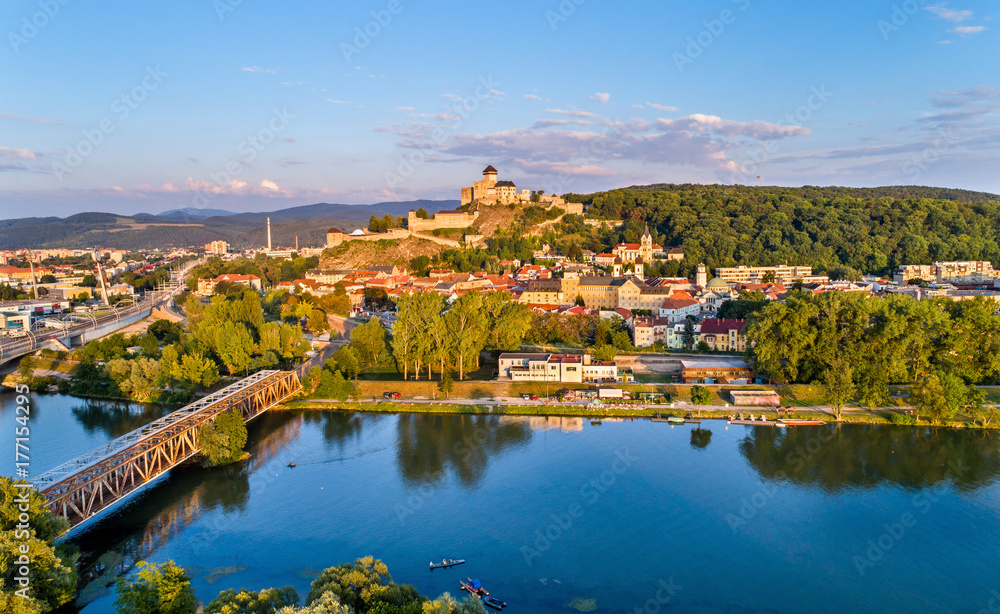 View of Trencin with the Trencin castle above the Vah river in Slovakia