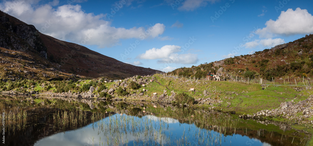 Lake reflection panorama of the Gap of Dunloe in county Kerry, Ireland