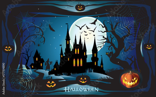 Halloween night background with pumpkin, bat, spider web, fantasy forest, haunted house and full moon. Wallpaper or invitation template Halloween party, adwertising Vector illustration. photo