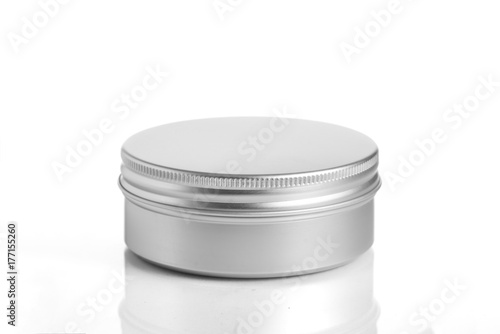 empty aluminum jars cosmetic, lotion packaging on a white background