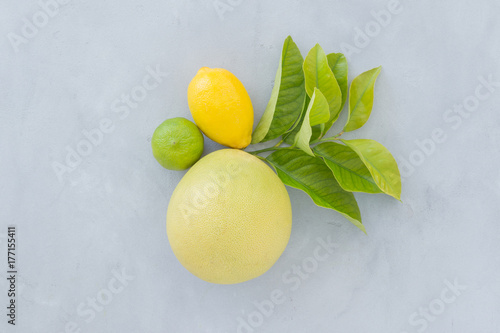 oranges, lime, lemon with green leaves on a gray texture background top view. still life with citrus on a dark background.