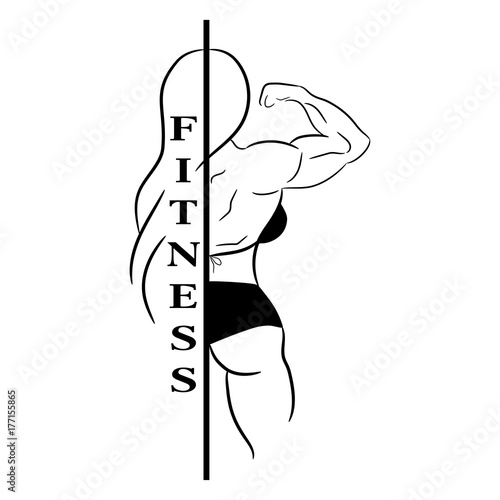 Fitness club logo, girl bodybuilder, black white fitness logo, women's fitness club. Brash, silhouette. Fitness muscle girl. Strong woman doing bicep. Sports female figure. Vector AI10