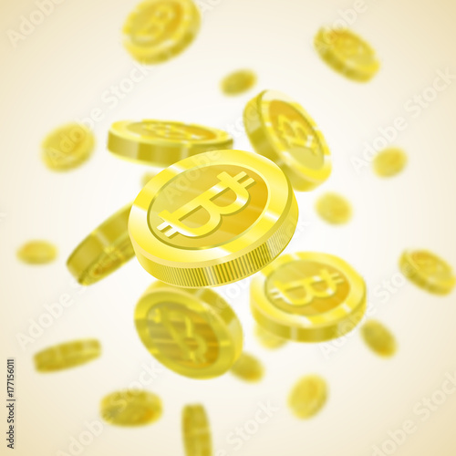 Bitcoin Vector illustration of a realistic pattern background 3d golden coins isolated with bitcoin sign. Crypt currency of the future, mining, electronic payments. Blockchain