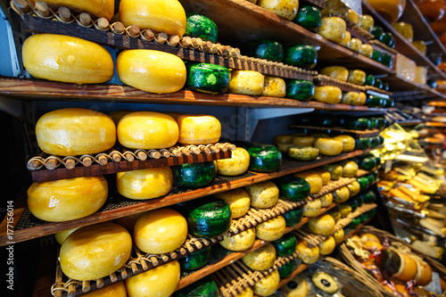 Photography Cheese wheels green and yellow colors on wooden shelves at cheesemaking shop