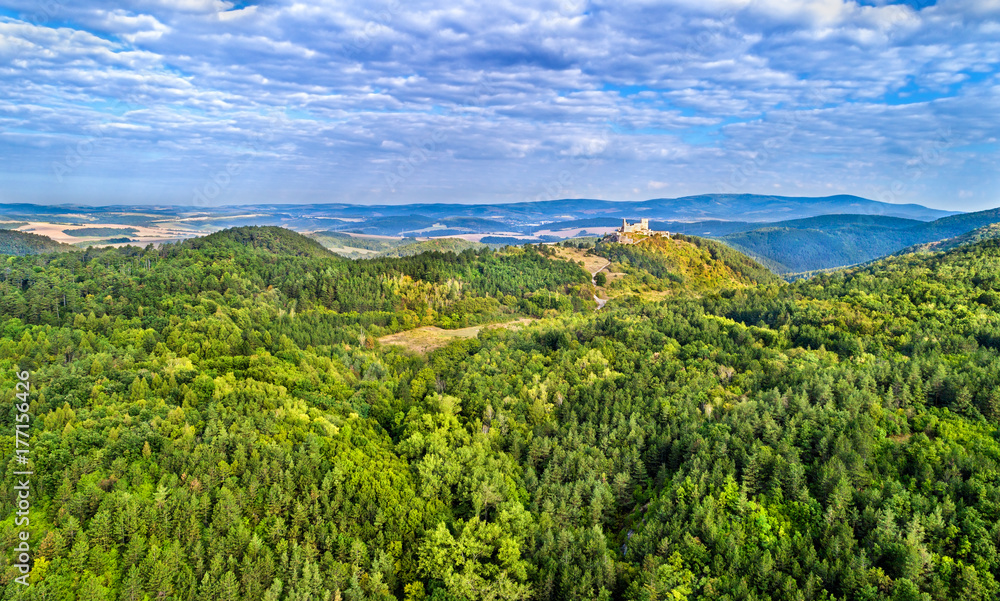 Aerial view of Cachticky hrad, a ruined castle in Slovakia