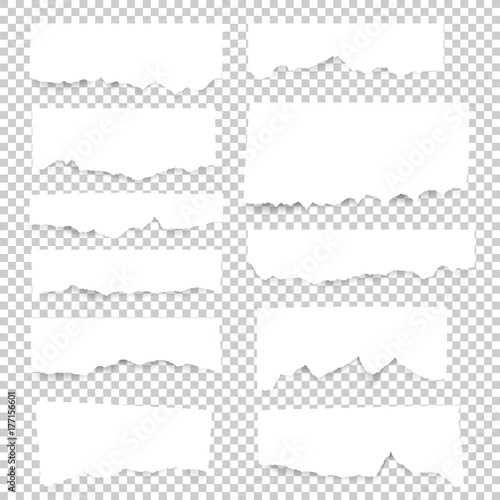 Torn blank paper sheets. Vector note pieces collection with sticky tape.