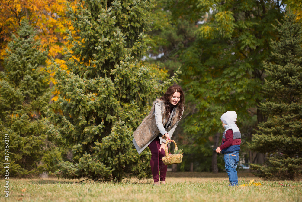 Fototapeta premium mother with her son walks in the autumn park