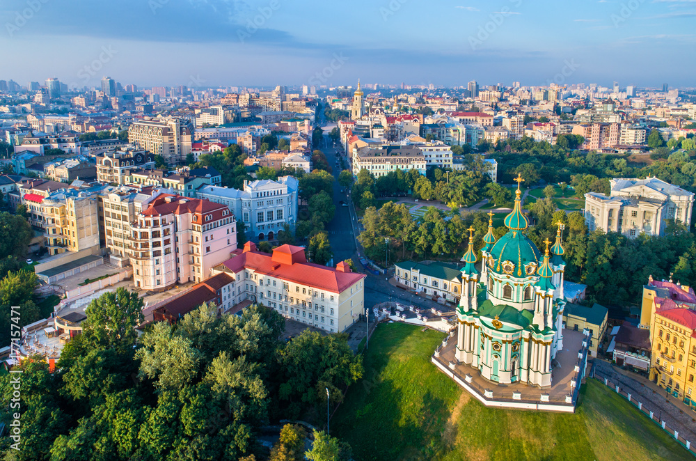 Aerial view of Saint Andrew church in Kiev, Ukraine